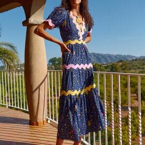 CELIA B Dress Celestial Sun Stars Print Navy Rickrack Trim Midi Dress XS